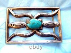 Early Old Pawn Sterling Native American Navajo Turquoise Belt Buckle 3 7/8 Long