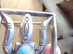 Early Old Pawn Sterling Native American Navajo Turquoise Belt Buckle 3 7/8 Long