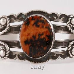 Early Old Pawn Sterling Petrified Wood Stamp Bump Up Applied Cuff Bracelet 6.25