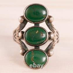 Early Old Pawn Sterling Silver Green Turquoise Stoplight Ring Size 6.75