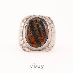 Early Old Pawn Sterling Silver Petrified Wood Stamped Sides Signet Ring 9.75