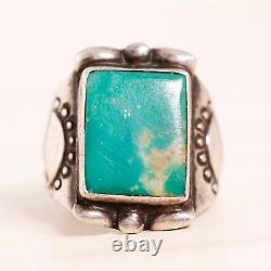 Early Old Pawn Sterling Silver Rectangle Green Turquoise Stamped Ring Size 6