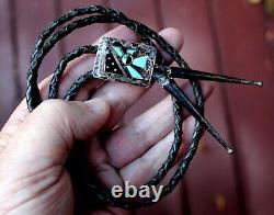 Early Old Pawn Zuni Handmade Sterling Silver Turquoise Onyx Stone Inlay Bolo Tie