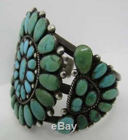 Early Old Pawn Zuni Turquoise Sterling Cluster Cuff Bracelet Signed Robert
