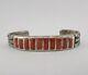 Early Old Zuni Ingot Sterling Silver Red Coral Flush Inlay Stamped Cuff Bracelet