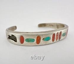 Early Old ZUNI Ingot Sterling Silver Turquoise & Coral Inlay Cuff Bracelet