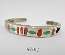Early Old ZUNI Ingot Sterling Silver Turquoise & Coral Inlay Cuff Bracelet