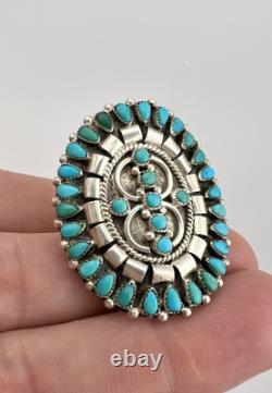 Early Old Zuni Sterling Silver Petit Point Turquoise Cluster Long Ring 1.5