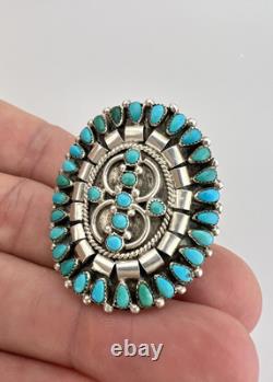 Early Old Zuni Sterling Silver Petit Point Turquoise Cluster Long Ring 1.5