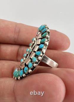 Early Old Zuni Sterling Silver Petit Point Turquoise Cluster Long Ring 1.5