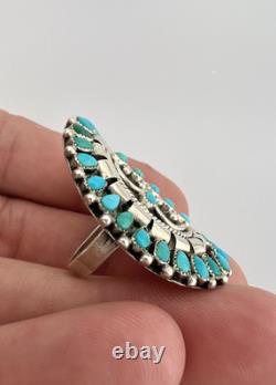 Early Old Zuni Sterling Silver Petit Point Turquoise Cluster Long Ring 1.5