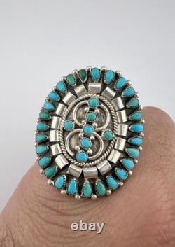 Early Old Zuni Sterling Silver Petit Point Turquoise Cluster Long Ring 1.5