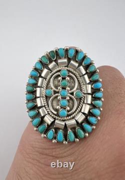 Early Old Zuni Sterling Silver Petit Point Turquoise Cluster Long Ring 1.5