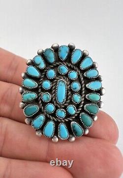 Early Old Zuni Sterling Silver Petit Point Turquoise Cluster Long Ring 1 5/8