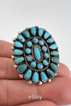 Early Old Zuni Sterling Silver Petit Point Turquoise Cluster Long Ring 1 5/8