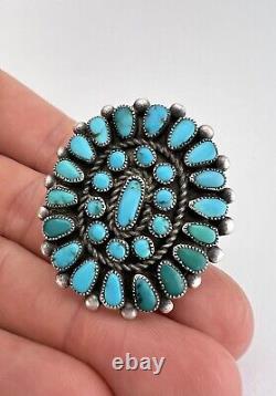 Early Old Zuni Sterling Silver Petit Point Turquoise Cluster Long Ring 1 5/8