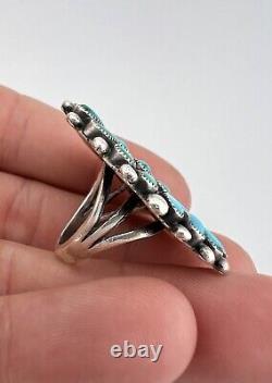 Early Old Zuni Sterling Silver Petit Point Turquoise Cluster Long Ring 1 5/8