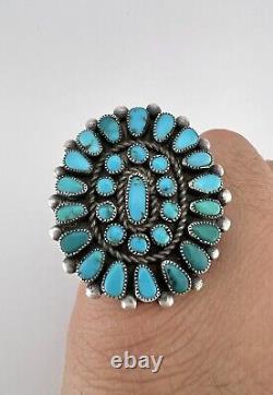 Early Old Zuni Sterling Silver Petit Point Turquoise Cluster Long Ring 1 5/8