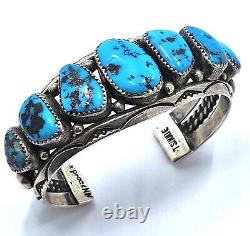 Early Orville Tsinnie Navajo Bisbee Turquoise Row Sterling Silver Cuff Bracelet