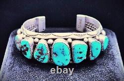 Early Orville Tsinnie Navajo Bisbee Turquoise Row Sterling Silver Cuff Bracelet