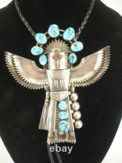 Early Pawn Large Sterling Silver Turquoise Coral Eagle Kachina Bolo Tie Navajo