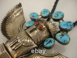 Early Pawn Large Sterling Silver Turquoise Coral Eagle Kachina Bolo Tie Navajo