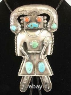 Early Pawn Large Sterling Silver Turquoise Coral Kachina Bolo Tie Ram Buffalo