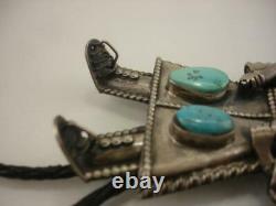 Early Pawn Large Sterling Silver Turquoise Coral Kachina Bolo Tie Ram Buffalo
