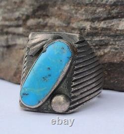 Early Pawn Navajo Stamped Sterling Silver BLUE MORENCI Turquoise MENS Ring Sz 9