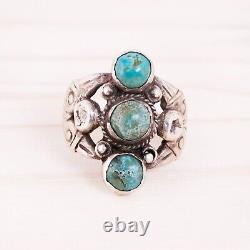 Early Period Sterling Silver Green Turquoise Rain Drops Rope Ring Size 7.75