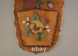 Early Plains Indian Beaded Beadwork Wall Pocket on Leather Floral Design