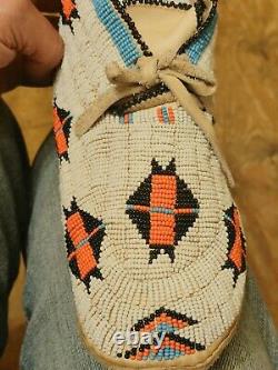 Early Plains Sioux Indian Native American Beaded Moccasins Beads Size 10