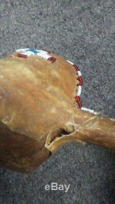 Early Rare Native American Indian Artifact Stone Mallet Beaded Leather Deer Hide
