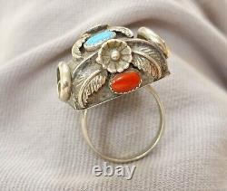 Early Rare OLD PAWN Harvey Era 40s Navajo Turquoise Coral Beaver Tooth Ring