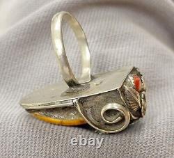 Early Rare OLD PAWN Harvey Era 40s Navajo Turquoise Coral Beaver Tooth Ring
