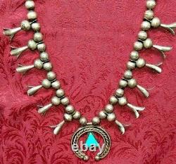 Early Rare Old Pawn Turquoise & Silver Coin Squash Blossom Necklace NAVAJO