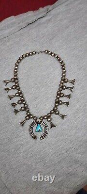 Early Rare Old Pawn Turquoise & Silver Coin Squash Blossom Necklace NAVAJO