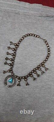 Early Rare Old Pawn Turquoise & Silver Coin Squash Blossom Necklace NAVAJO