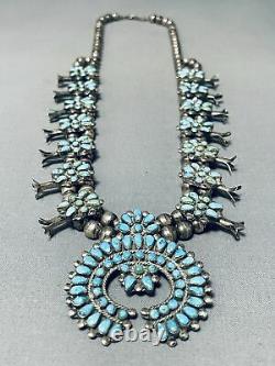 Early Rare Vintage Zuni Turquoise Sterling Silver Squahs Blossom Necklace