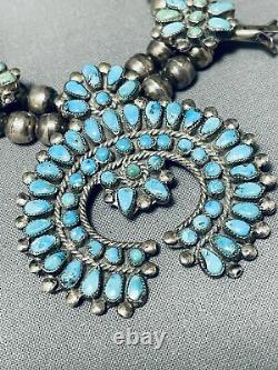 Early Rare Vintage Zuni Turquoise Sterling Silver Squahs Blossom Necklace