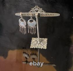 Early Rare Zuni Sterling Silver Turquoise Inlay Dangle Earrings Native American