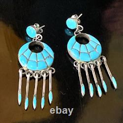 Early Rare Zuni Sterling Silver Turquoise Inlay Dangle Earrings Native American