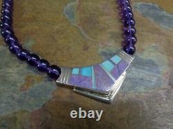 Early Ray Tracey Knifewing Navajo Turquoise Amythest Sterling Bib Colar Necklace