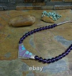 Early Ray Tracey Knifewing Navajo Turquoise Amythest Sterling Bib Colar Necklace