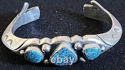 Early Sandcast Turquoise Cuff Bracelet With Healing Hand Terminals 60.7 Grams