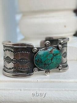 Early Signed Navajo Ingot Silver Turquoise Stampwork Cuff Bracelet Old Native