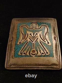 Early Signed Tommy Singer Sterling Turquoise & Coral Chip Inlay Belt Buckle