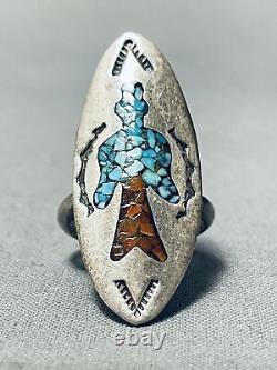 Early Singer Vintage Navajo Turquoise Coral Sterling Silver Ring Old