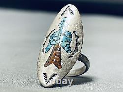 Early Singer Vintage Navajo Turquoise Coral Sterling Silver Ring Old