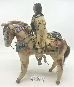Early Sioux Native American Toy Handmade beaded Pony Horse Female Rider Doll